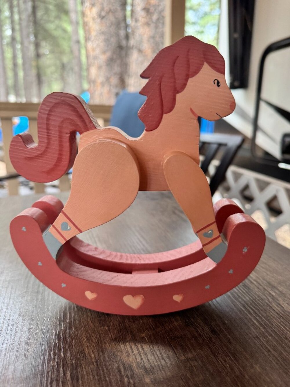Vintage Wooden Rocking Horse Figurine – Pastel Pink Hand-Painted